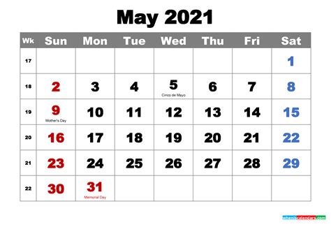 Printable May 2021 Calendar With Holidays